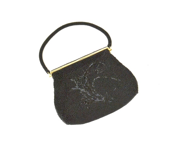 40s 50s Vintage Black Beaded handbag Purse  Glass… - image 1