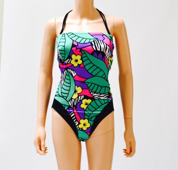 Vintage 80s High Cut Swim Suit size Medium Black … - image 2