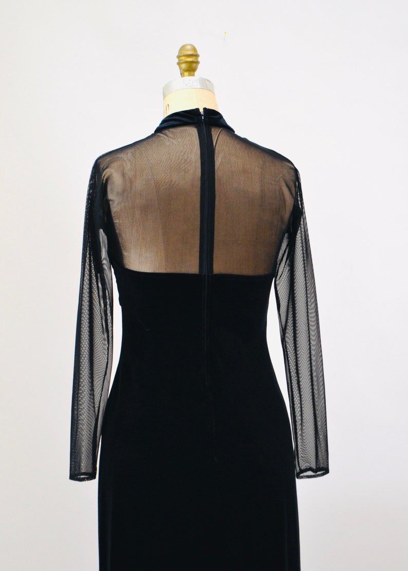 90s Vintage Black Velvet Prom Dress Illusion Dress Medium// Black Body Con 90s Prom Dress Bondage Dress Medium Sheer Sleeve long Black Dress image 7