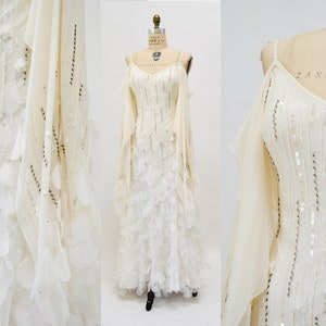 90s 00s Vintage White Cream Sequin Evening Gown Bias Cut Wedding Dress Lillie Rubin Small Medium Cream White Floral Sequin Silk Gown Dress