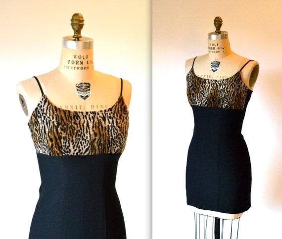 90s Vintage black Tank Dress Animal Print Dress M… - image 3