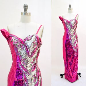 Vintage 80s Prom Pink Sequin Dress Size XXS Alyce Designs// 80s Vintage Metallic Sequin Gown Silver and PInk Drag Queen Pageant Barbie Dress image 1