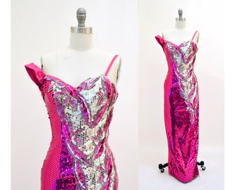 Vintage 80s Prom Pink Sequin Dress Size XXS Alyce Designs// 80s Vintage Metallic Sequin Gown Silver and PInk Drag Queen Pageant Barbie Dress