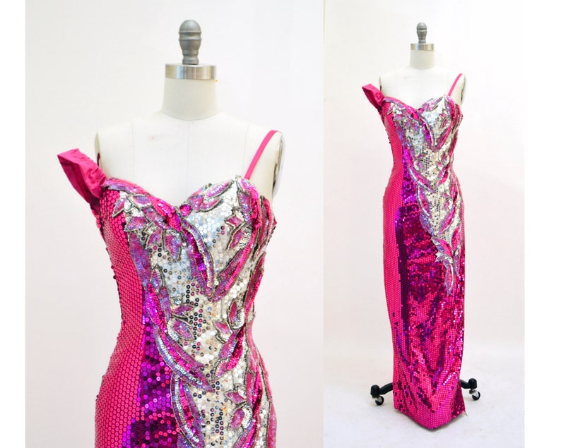 Vintage 80s Prom Pink Sequin Dress Size XXS Alyce Designs// 80s Vintage Metallic Sequin Gown Silver and PInk Drag Queen Pageant Barbie Dress image 1