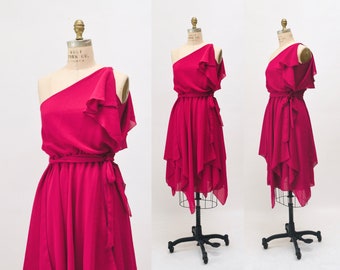 Vintage 70s Disco Party Dress Bias Cut Dark Pink Dress Size Small 70s One Shoulder Asymmetrical Draped Goddess party Dress XS Small