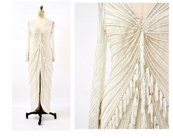 80s 90s Vintage Silver White Cream Beaded Gown Dress Medium Large By Bob Mackie Silk// Vintage Wedding Gown Beaded Fringe Art Deco Gown