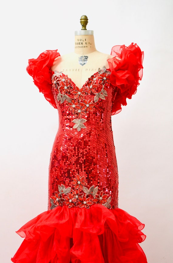 80s 90s Prom Dress Red Sequin Gown Small Medium /… - image 3