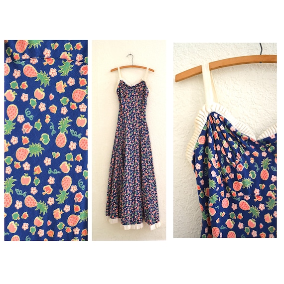 1940s Vintage Bias Cut Cotton Dress Tropical Fruit Floral Print Maxi Bias Cut Summer Dress XXS XS 1940s Pineapple Fruit Print Dress Cotton