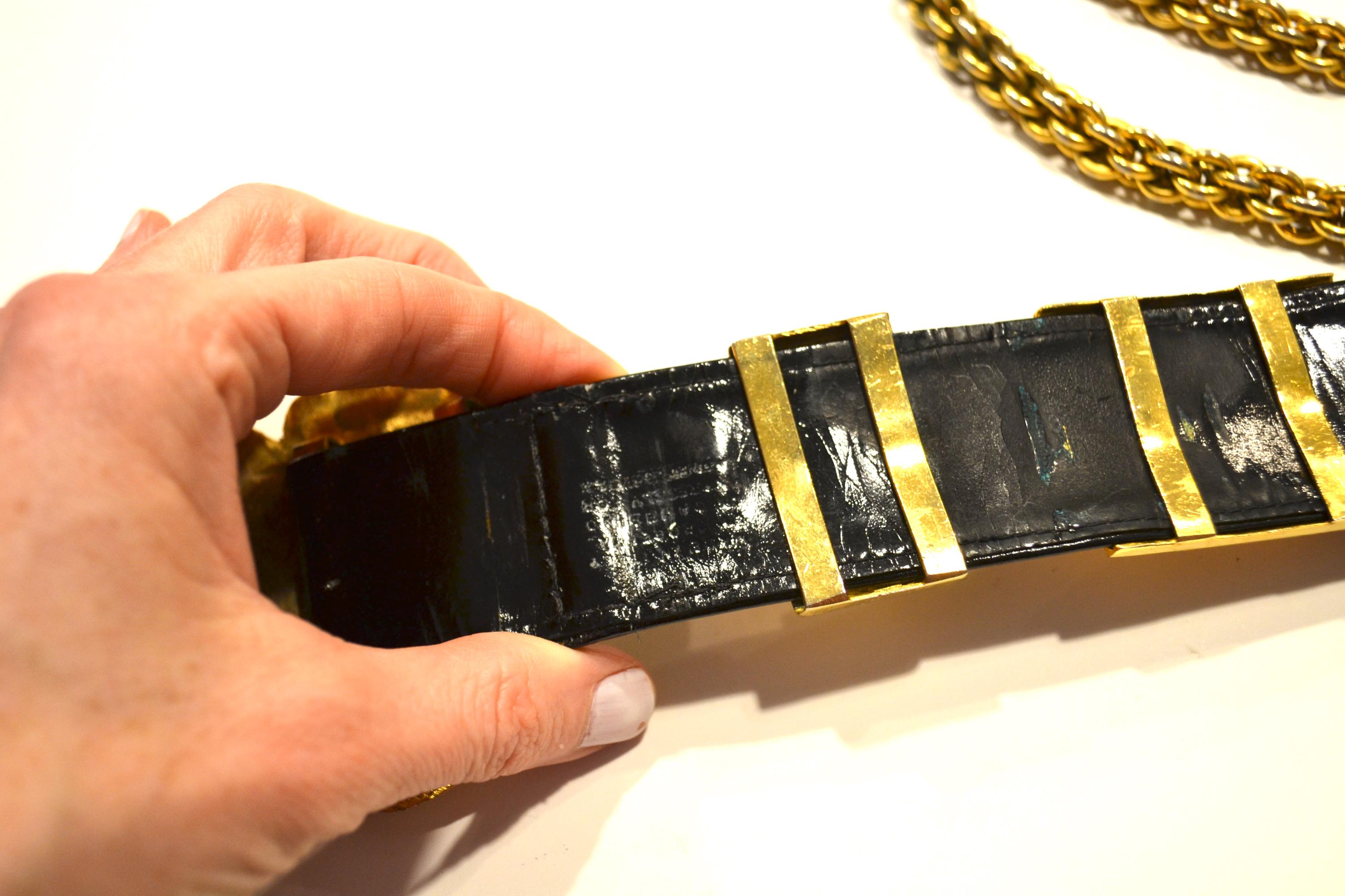 Vintage Roberta di Camerino Black Leather and Gold Heavy Brass Designer Belt Vintage 70s Roberta Di Camerino Italian Black Leather Gold  main image 4