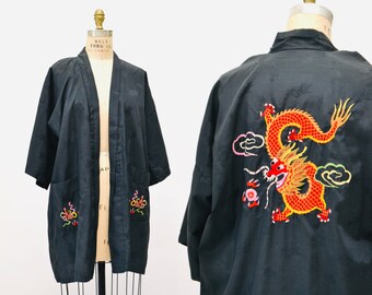 70s Vintage Black Embroidered Dragon Jacket Robe Chinese Luck Dragon JacketTop // Vintage Black Robe Kimono Hand Embroidered Dragon Medium