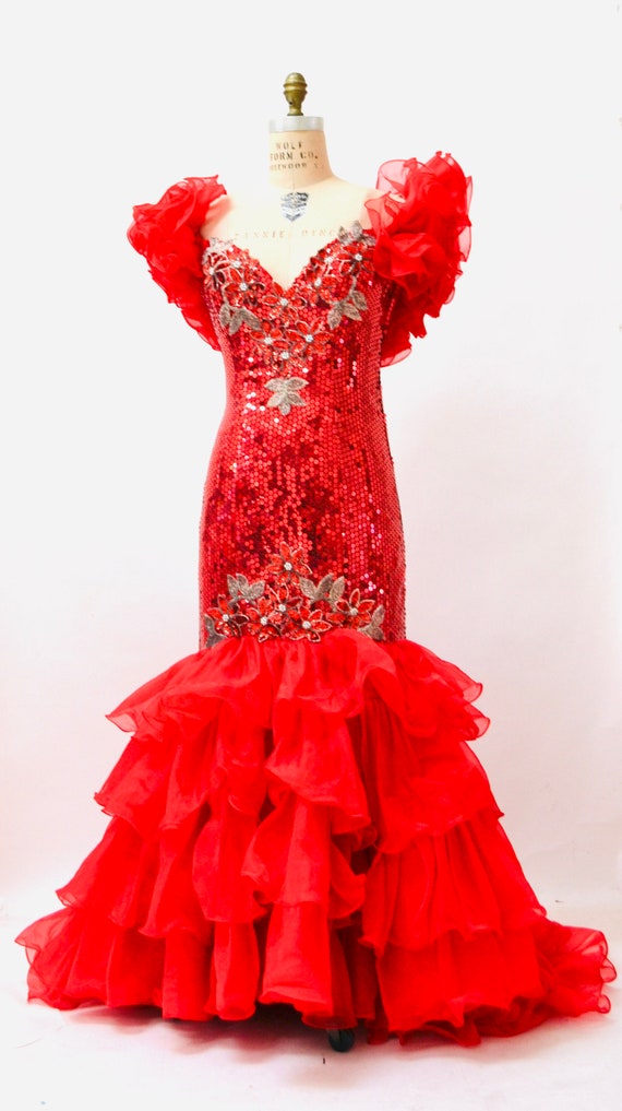 80s 90s Prom Dress Red Sequin Gown Small Medium /… - image 6