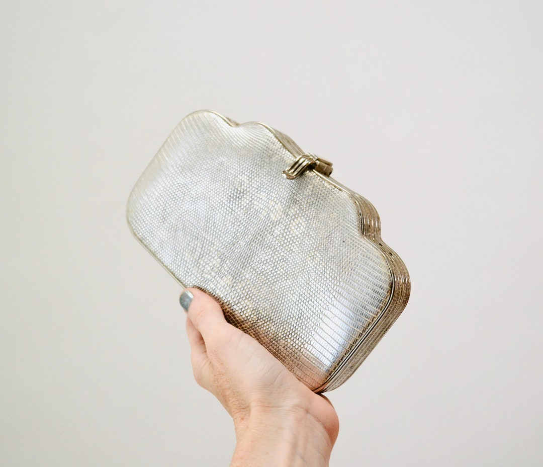 70s Vintage Metallic Silver Leather Evening Bag Clutch Purse Etsy