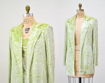 90s Vintage Lime Green Velvet Jacket Blazer Green Crushed velvet Jacket XS Small Criscione // 90s Vintage Green Wedding Party Jacket Blazer