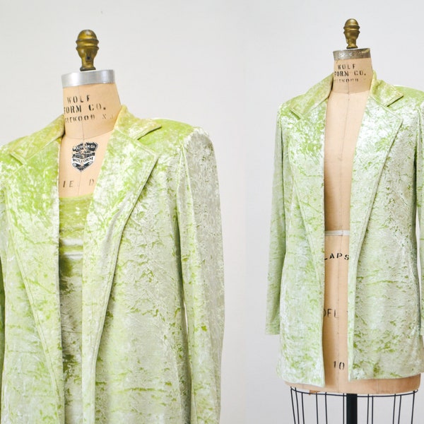 90s Vintage Lime Green Velvet Jacket Blazer Suit Green Crushed velvet Jacket XS Small Criscione // 90s Vintage velvet Wedding Party Jacket