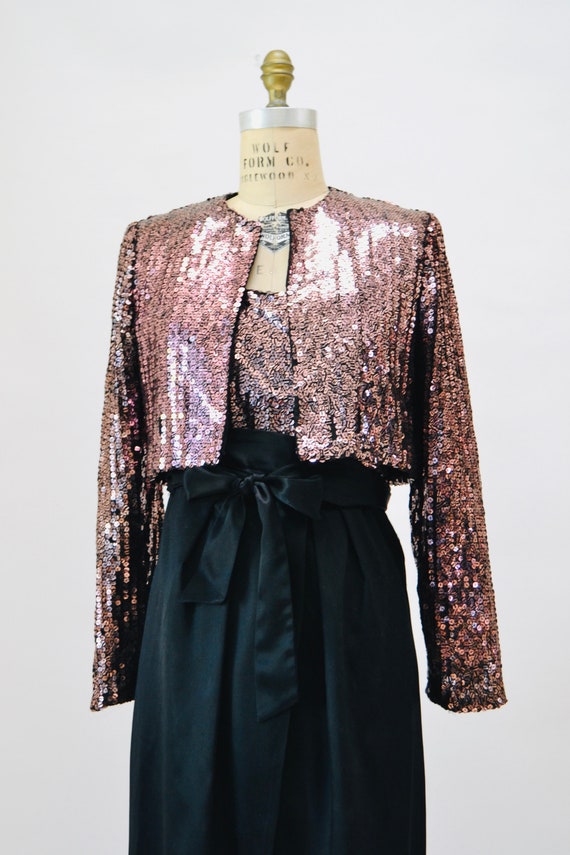 70s Vintage Pink Black Sequin Gown Dress Sequin J… - image 5