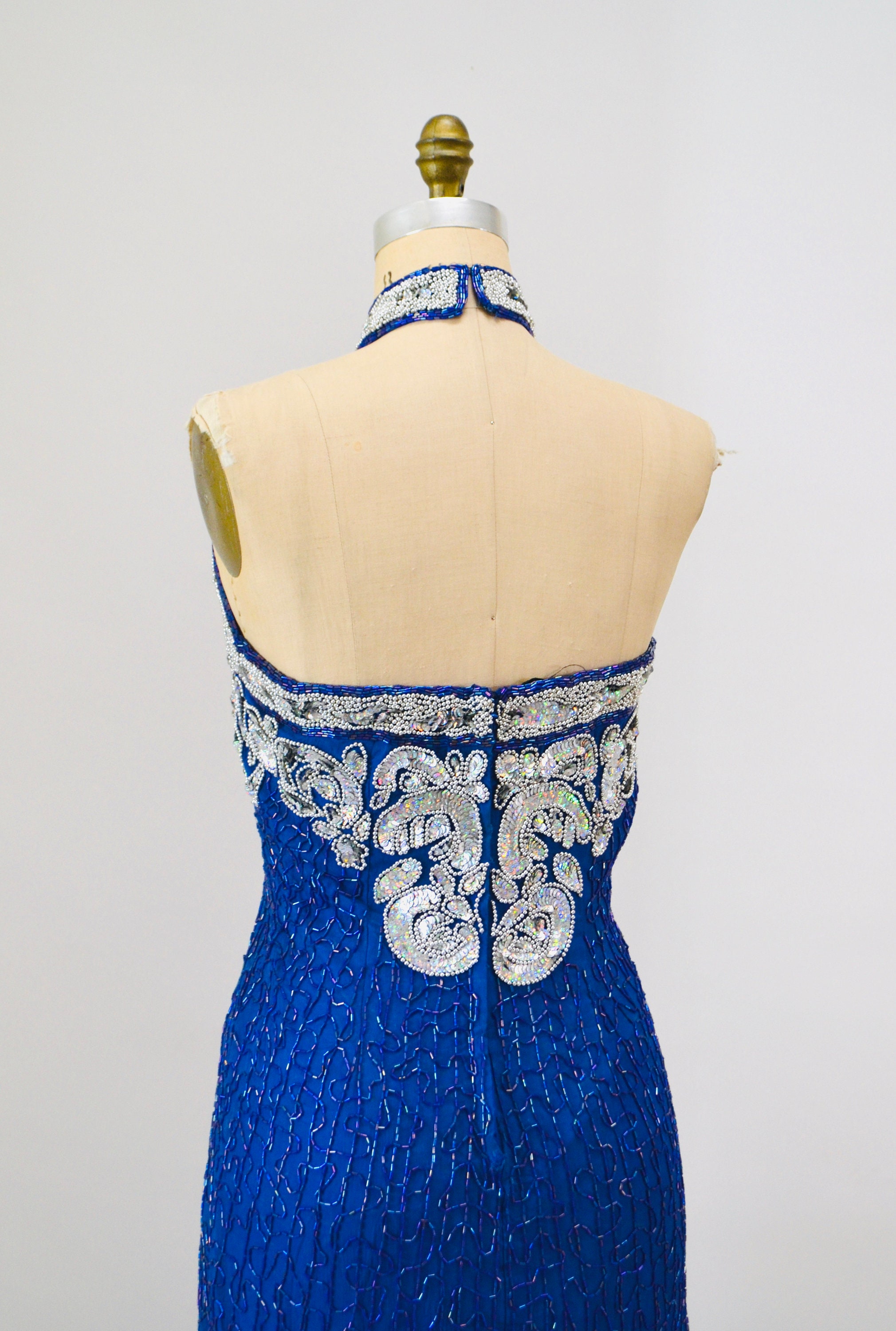 90s Vintage Blue Silver Beaded Gown Sequin Dress Medium 90s Vintage Blue Silver Beaded Gown Sequin Dress Medium
