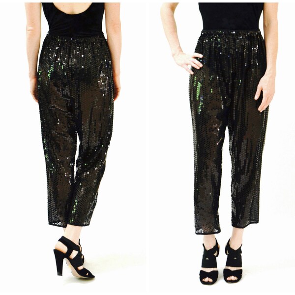 Vintage Black Sequin Pants Medium// 90s Vintage Black Sheer Sequin Pants Size Medium