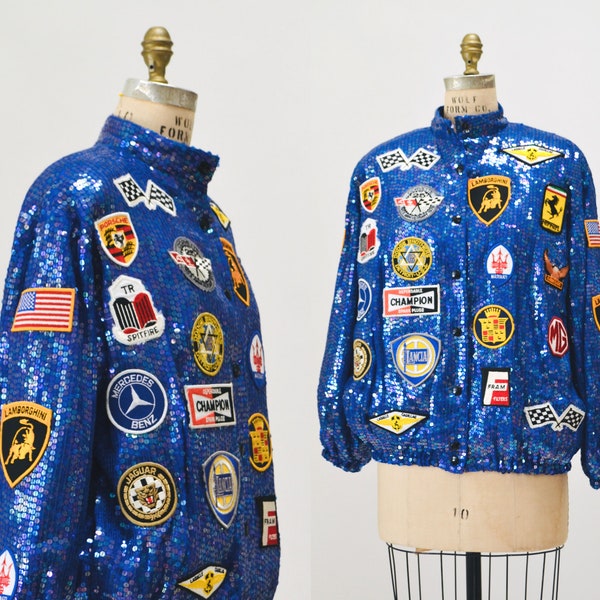 80s 90s Vintage Blue Sequin Bomber Jacket Race Car Patches Jeanette Kastenberg St martin Small Medium Mercedes Benz Porche Maserati Pop Art