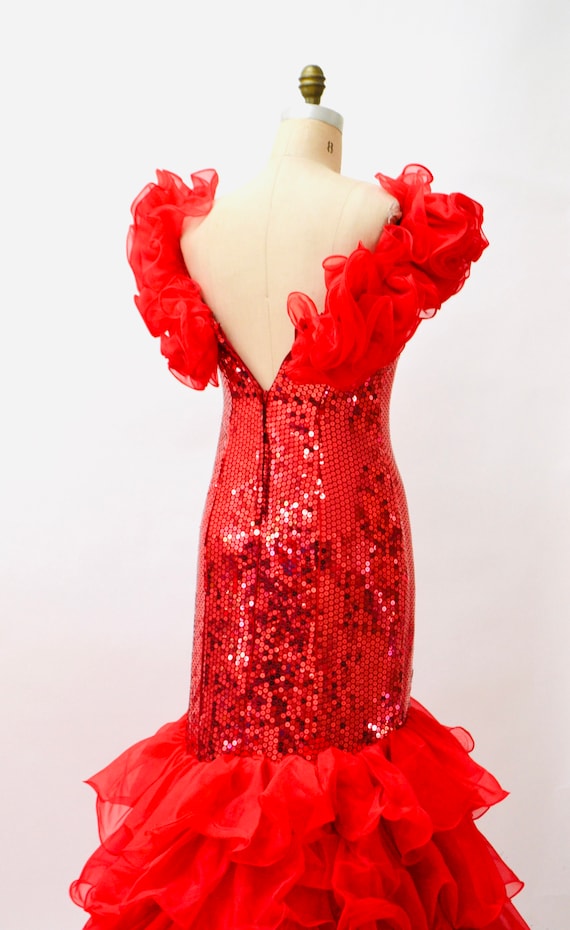 80s 90s Prom Dress Red Sequin Gown Small Medium /… - image 9