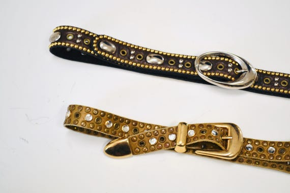 90s 2000s Vintage Gold Rhinestone Belt Brown Leat… - image 9
