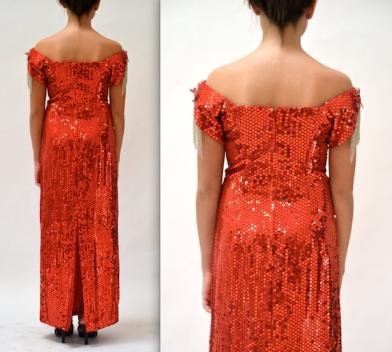 90s Vintage Red Sequin Dress Evening Gown Red 80s… - image 5