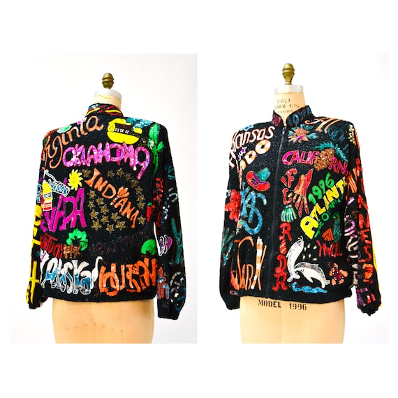 80s 90s Pop Art Vintage Sequin Jacket Black with … - image 1