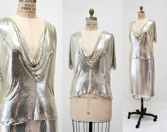 70s 80s Silver Vintage Chainmail Mesh Top Metallic Metal Disco Cowl Neck Blouse Anthony Ferrara Silver Metal Wedding Top Whiting and Davis