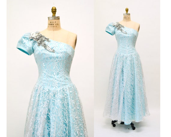 Metallic 80s Prom Dress XS Small Silver and Blue// Blue Vintage Metallic lace Ball Gown One Shoulder Princess Dress XS Small Alyce Design