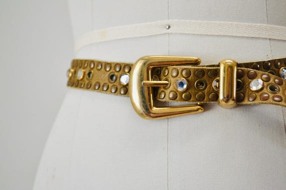 90s 2000s Vintage Gold Rhinestone Belt Brown Leat… - image 5