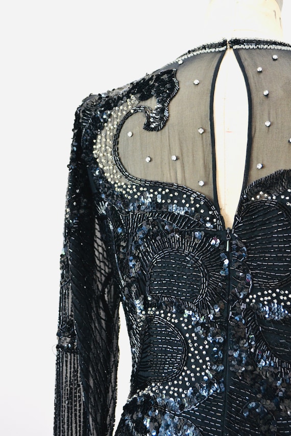 80s 90s Glam Vintage Black Beaded Sequin Party Cocktail Dress Small Medium by Nighline Black Silk Long Sleeve Party Pageant Sequin Dress