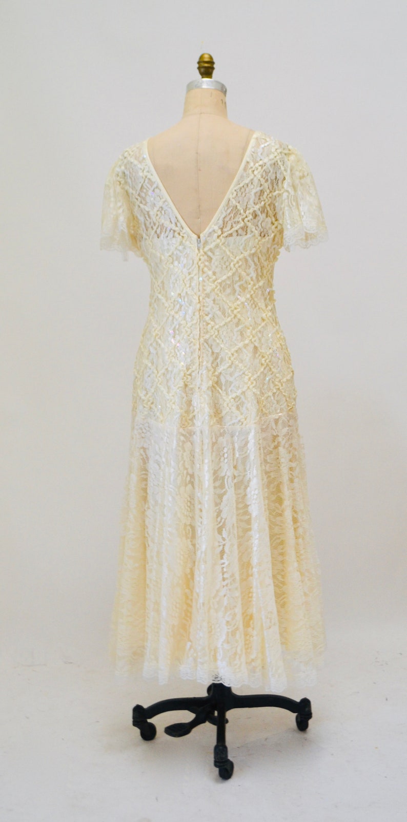 80s does 20s Vintage Lace Sequin Dress Medium Cream Off White// Vintage Sequin Lace Wedding Dress Boho Flapper Inspired Cream Lace Dress image 5