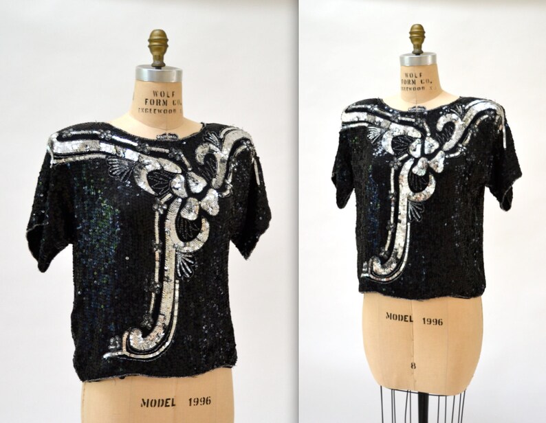 Vintage Black Sequin Top Shirt Black Silver Small Art Deco Flapper Inspired// Vintage Metallic Sequin Shirt Top Silver Black Small image 1