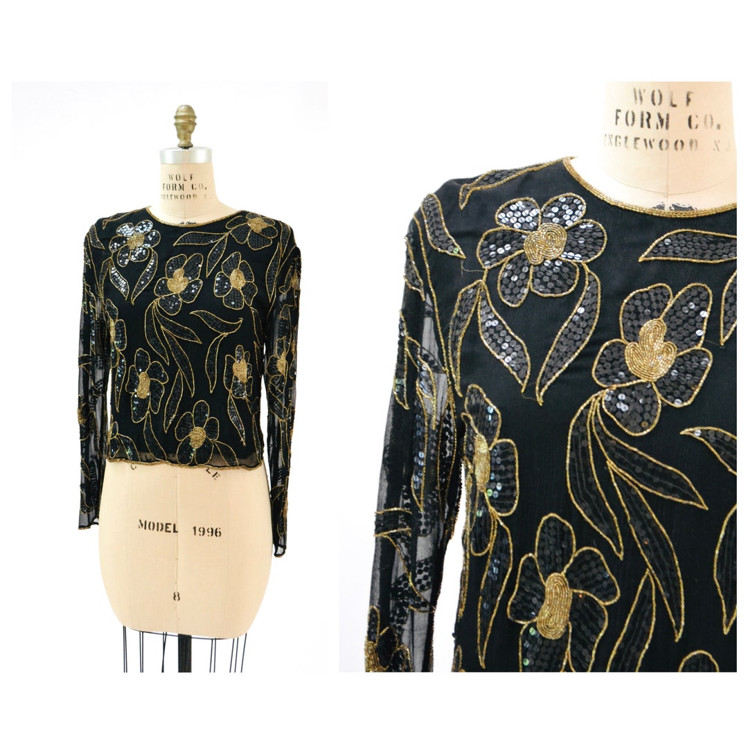 Vintage 80s Pullover Beaded Sequin Top, Art Deco Pattern M