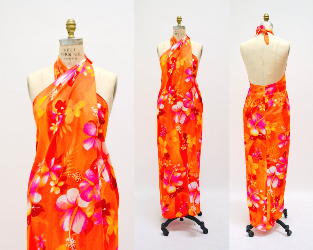 70s Vintage Sarong Wrap Dress Beach Coverup Hawaiian Print Orange Pink Tropical Hawaiian Dress