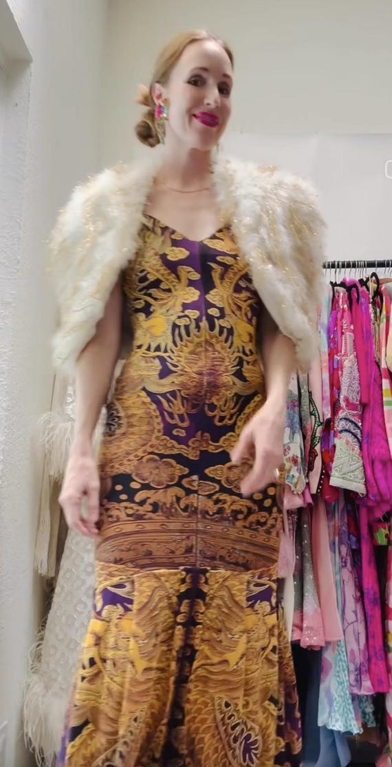 roberto cavalli 2000s dress Vintage Y2K Long Knit Small // ROBERTO CAVALLI Sleeveless Long Dragon Baroque Print Dress Size 40 Small 2005 Size:ONE SIZE MISSGUIDED Evening Cowl Neck Silhouette_Laura