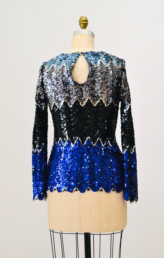 Vintage 70s 80s Blue Metallic Sequin Shirt Small … - image 8