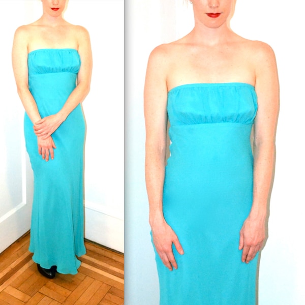 90s Prom Dress Blue Vintage Blue Evening Gown Size XS Small Turquoise Silk Nicole Miller// Vintage Strapless gown 90s long Dress Silk Aqua