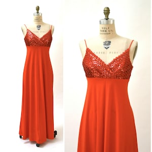 70s Vintage Red Sequin Tank Dress Small// Vintage Red Party Prom Dress Small long Red Sequin Dress Disco Costume