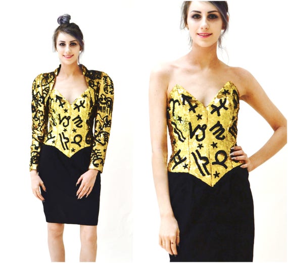 90s Gold Sequin Black Leather Dress by Michael Hob