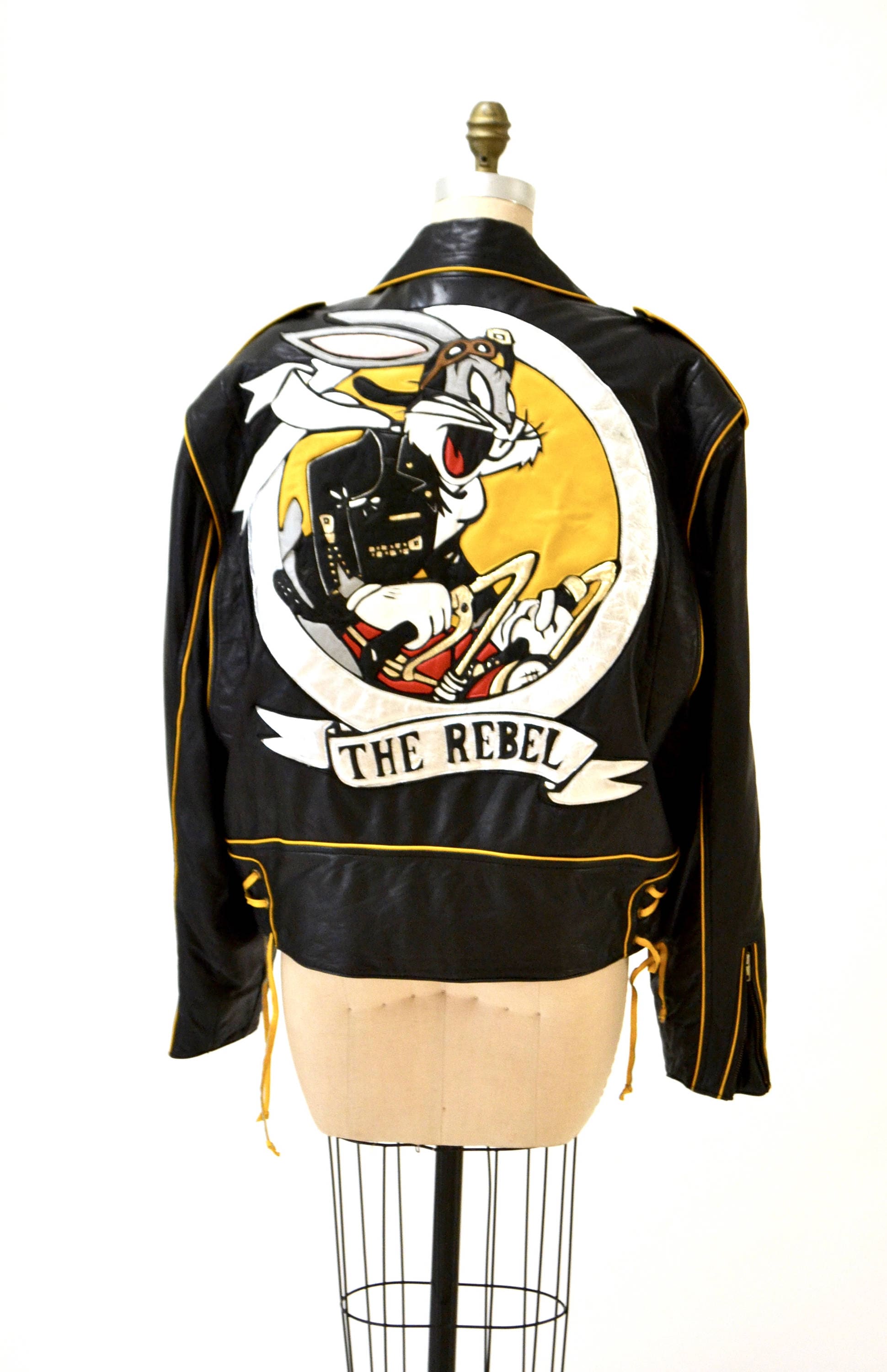 90s Vintage Black Leather Motorcycle Biker Jacket Rebel Bugs Bunny