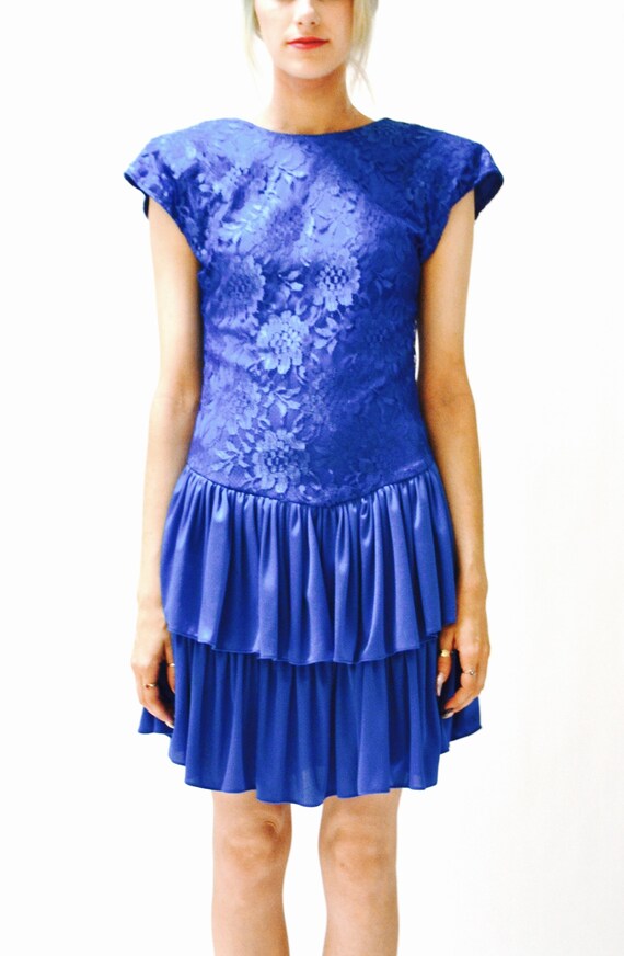 80s Prom Dress Blue Size Small medium Lace Ruffle… - image 4