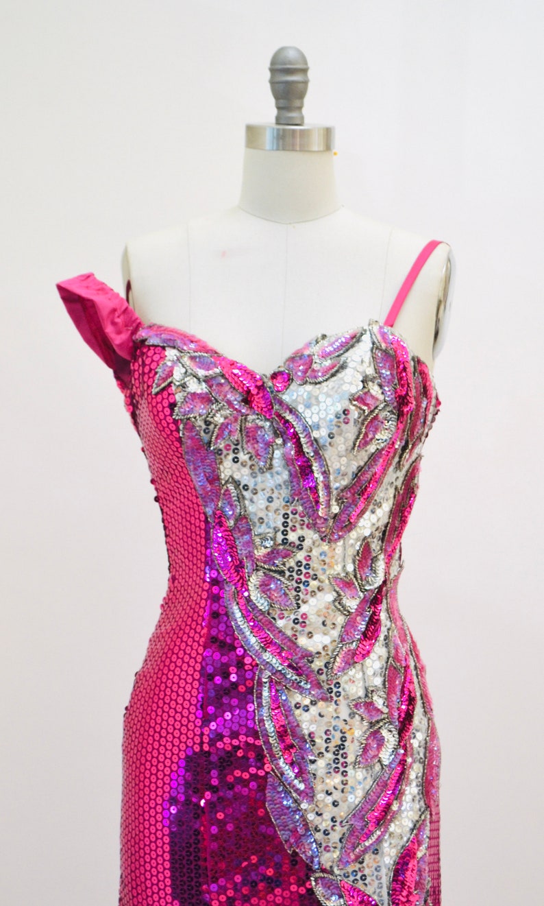 Vintage 80s Prom Pink Sequin Dress Size XXS Alyce Designs// 80s Vintage Metallic Sequin Gown Silver and PInk Drag Queen Pageant Barbie Dress image 2