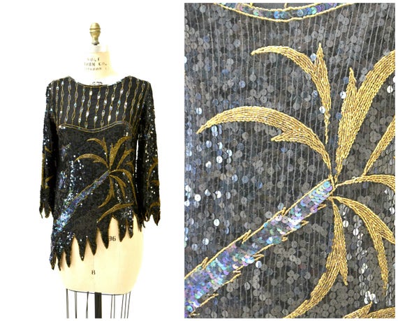 Vintage Metallic Sequin Shirt Black Art Deco Flap… - image 2