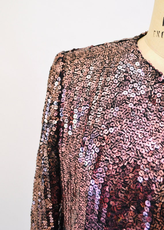 70s Vintage Pink Black Sequin Gown Dress Sequin J… - image 7