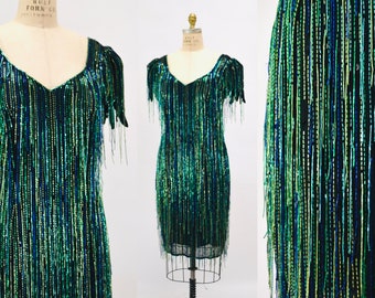 80s Vintage Black Green Sequin Beaded Fringe Dress Medium Large// Black Green Beaded Party Dress 80s Party Fringe Dress Flapper Inspired