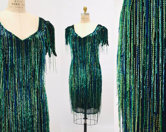 80s Vintage Black Green Sequin Beaded Fringe Dress Medium Large// Black  Green Beaded Party Dress 80s Party Fringe Dress Flapper Inspired - Etsy  Canada
