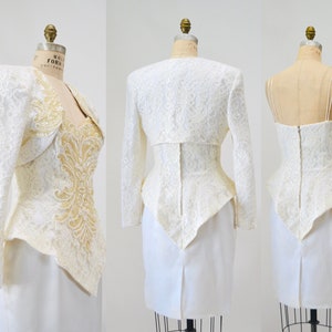 90s Vintage Off White Lace Dress Sequin Jacket 90s White Suit Dress Medium Courthouse Wedding Dress Cache Cream Lace Jacket Dress image 7