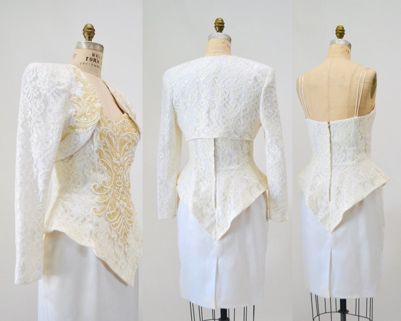 90s Vintage Off White Lace Dress Sequin Jacket 90s White Suit Dress Medium Courthouse Wedding Dress Cache Cream Lace Jacket Dress image 7