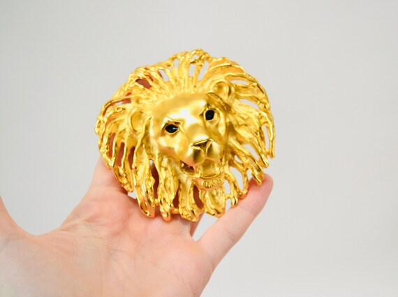 90s Vintage GOLD Large Lion Head Belt Buckle And … - image 7