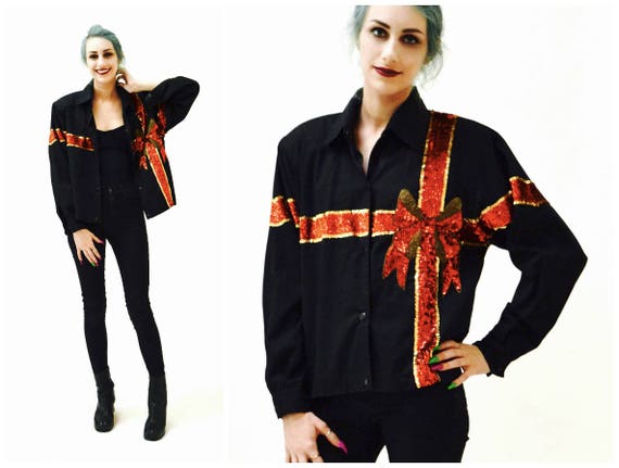 Vintage Sequin Jacket Black Christmas Present Bow